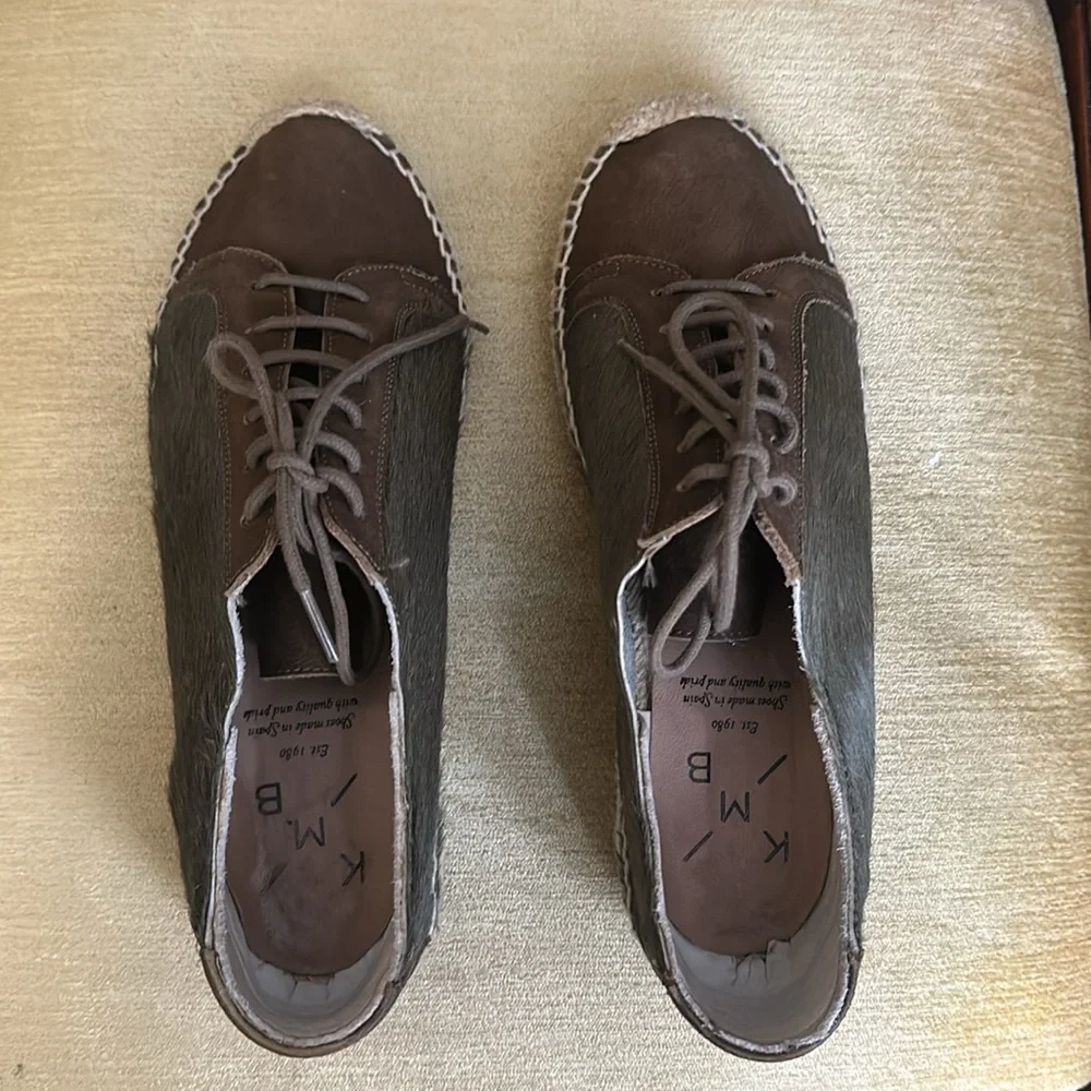 Anthropologie KMB Jorinda Espadrille Sneakers Leather Calf Hair Olive Brown Sz 9